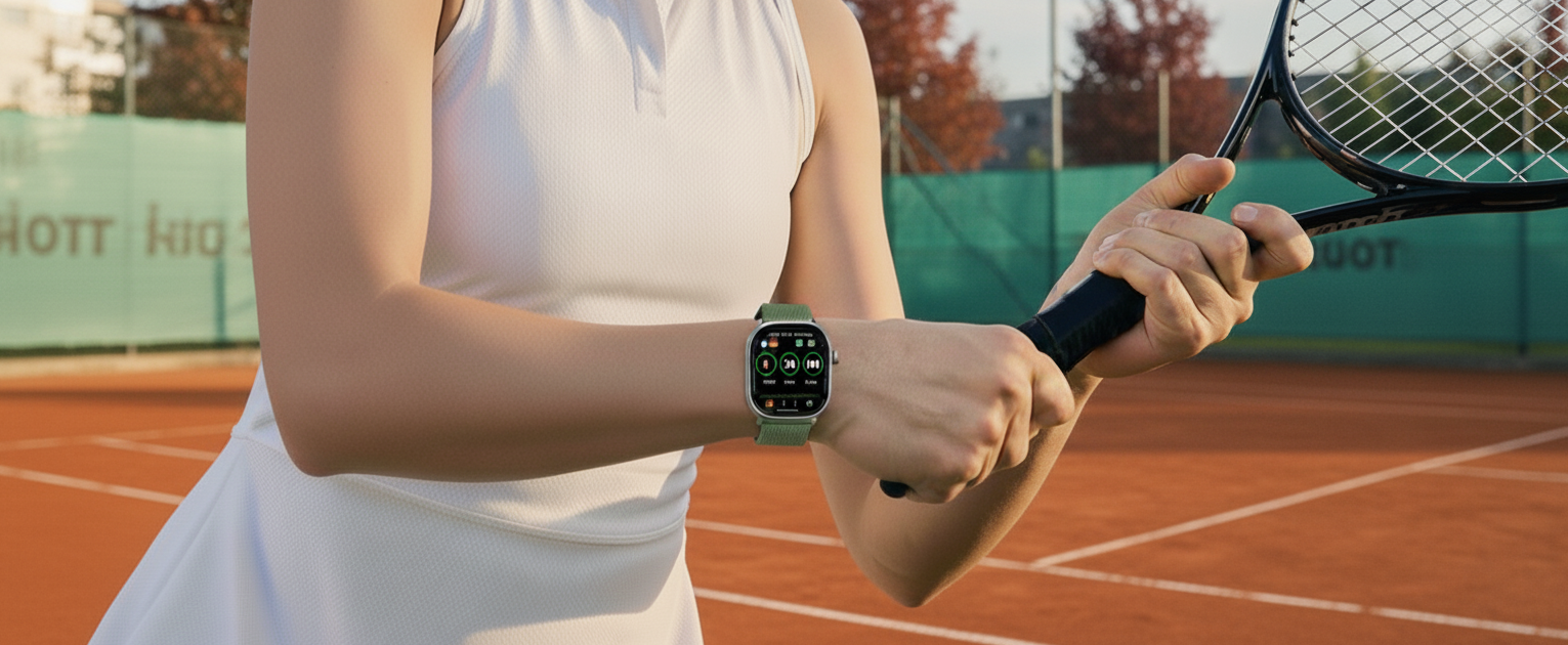 Tennis player wearing Apple Watch using Swingli tennis tracker app to track swings during match