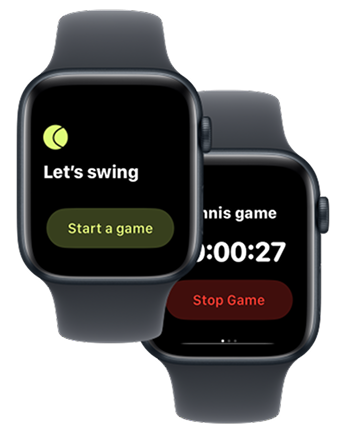 Apple Watch screen mockups displaying Swingli tennis tracker interface with swing count, speed metrics, and session statistics